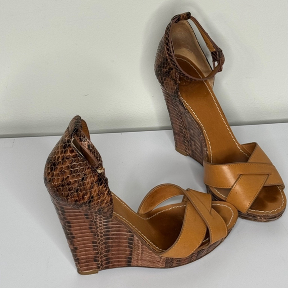Tory Burch Brown Leather and Python Platform Wedge Ankle Strap Sandals Size 8.5 - Picture 4 of 7